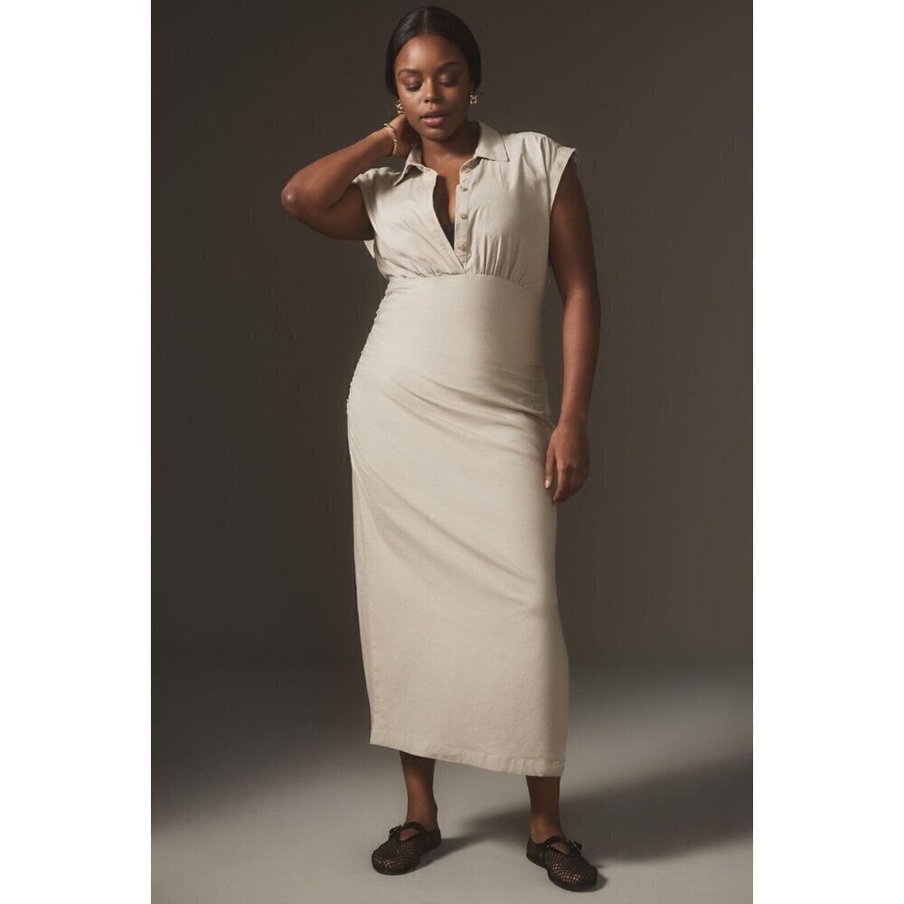 NWT Anthropologie Cap-Sleeve V-Neck Dress 2X Midi $168 Linen Blend Tan